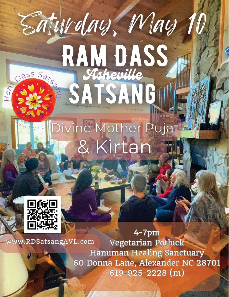 Event poster of people gather for the Ram Dass Asheville Satsang on May 10, 2025.